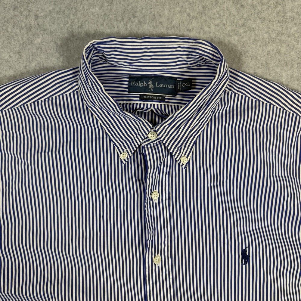 VTG Ralph Lauren Button Down Shirt Blue White Stripes Custom Fit Preppy